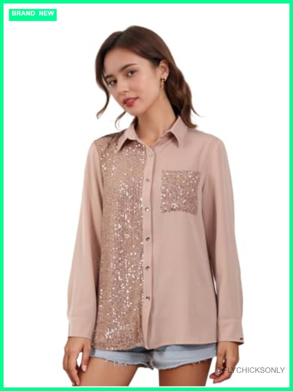 Women Sequin Long Sleeve Tunic Top Sparkle Glitter Button Down Blouse